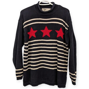 Vintage Red White & Blue Star Striped Knit  Turtle Neck Sweater Women L USA